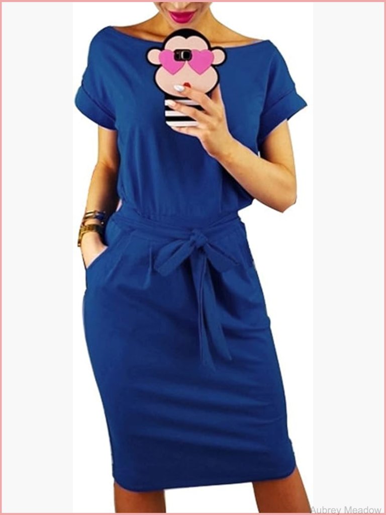 Striped Short Sleeve Pencil Dress With Belt Pockets